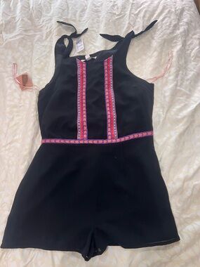 Black Sleeveless Romper with Pink & Purple Trim